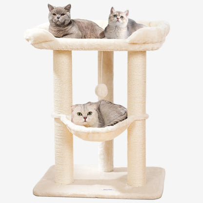 Happi N Pets 28" Large Cat Tree Tower for Indoor Cats Cat Scratch Post with Large Bed for Maine Coon Big Cats Sisal Cat Scratcher with Soft Perch & Hammock Stable Cat Stand Removable Cover-Beige